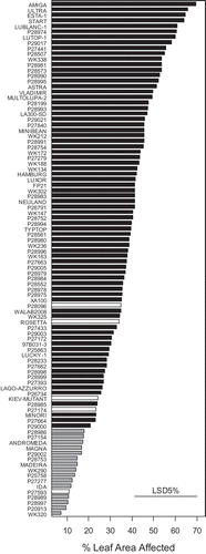 Fig. 5. Predicted means using a detached leaf assay for a diverse selection of Lupinus albus genotypes screened for resistance to phomopsis leaf blight caused by Diaporthe toxica in a screening experiment. Genotypes with white bars are the five parents of existing mapping populations used in Experiments 2 and 3. The grey bars highlight genotypes considered resistant.