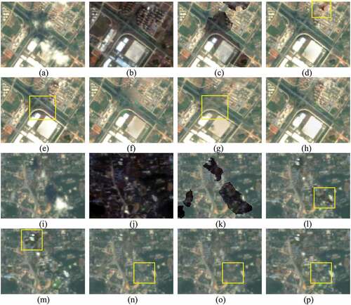 Figure 18. The zoomed details of Figure 17. (a)–(h) are the details of the red rectangle area in Figure 17(a–h). (i)–(p) are the details of the yellow rectangle area in Figure 17(a–h).