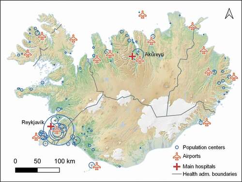 Figure 1. Populated areas, main hospitals, and airports in Iceland