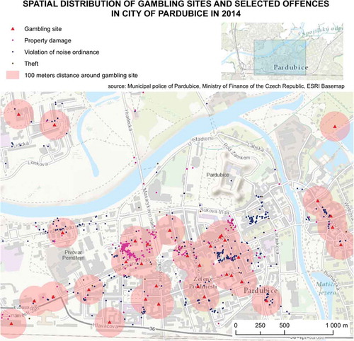 Figure 4. Spatial distribution of gambling sites and selected offences (property damage, violation of noise ordinance and thefts) in the city of Pardubice in 2014.