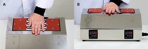Figure 2 Experimental setup of the thermal grill device (views from above (A) and front on the device (B)).