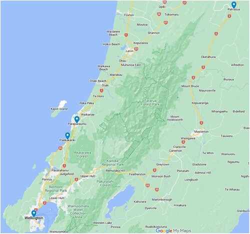 Map 2. Map of Wellington to Pahīatua and the Kapiti Coast, New Zealand. Google Inc, 2023. Wellington to Pahıā tua. Google My Maps. https://www.google.co.nz/maps/d/u/0/viewer?mid=1UC_tlc-4uDC1l9Ww2G8s3MdBsrjWPg&ll=-40.894523941482355%2C175.52085461640627&z=10. Screenshot by A. Hepworth.