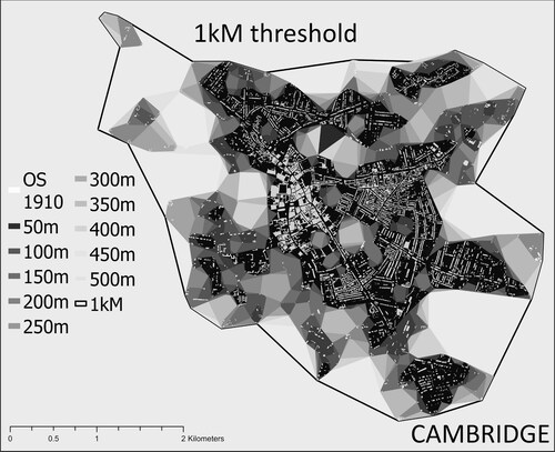 Figure 11. Cambridge urban area at different thresholds from 50 m to 1 km.