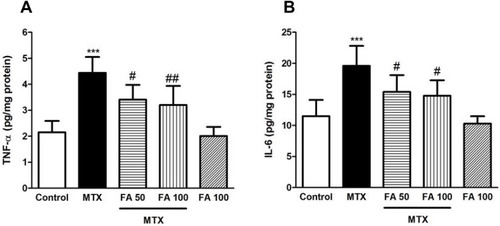 Figure 5 Effect of ferulic acid (FA) inflammatory cytokines in methotrexate (MTX)-induced hepatotoxicity in mice. Values are means ± SD (n = 7). Data were analyzed by one-way ANOVA followed by Tukey’s post hoc test for multiple comparisons. *Signiﬁcant difference in comparison with the control group (***p< 0.001). #Signiﬁcant difference in comparison with the MTX group (#p< 0.05 and ##p< 0.01).