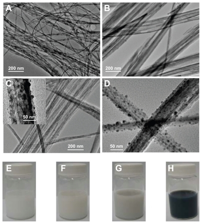 Figure 1 TEM images and digital camera photographs of protonated pentatitanate (H2Ti5O11 · H2O) (A and E), titanate after Ag+ cations exchange (B and F), partial reduction of Ag+ cations from the layered space with the UV light irradiation (C and G), and reduction of Ag+ cations with NaBH4 agent (D and H).