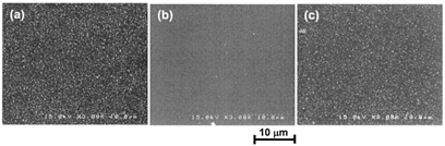 FIG. 9 SEM images of the contaminated wafers after exposure to the plasma for 5 min: (a) 60 sccm, (b) 200 sccm, and (c) 300 sccm. The brighter images show the presence of particles.