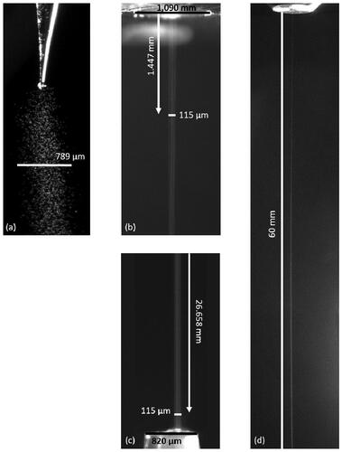 Figure 10. Unfocused aerosol jet at the capillary (a), the jet focused with the aid of the sheath gas at the nozzle orifice (b), on a target tip at a distance of 27 mm (c), and the collimated jet over a distance of 60 mm (d).