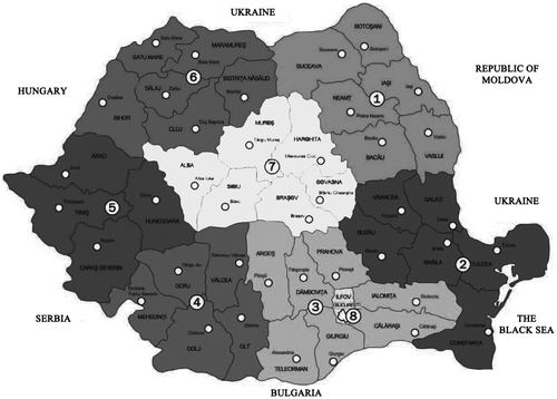 Figure 1. The NUTS 2 regions of Romania. Source: Romania NUTS 2 regions are: North-Eastern region (1 on the map), South-Eastern region (2 on the map), South region (3 on the map), South-Western Region (4 on the map), West region (5 on the map), North-West region (6 on the map), Centre region (7 on the map), and finally the Bucharest region (8 on the map).