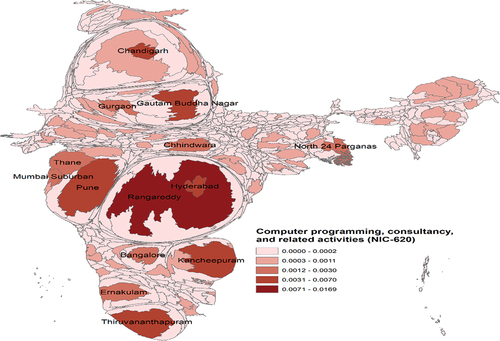 Figure 9. Spatial concentration patterns for Computer programming, consultancy, and related activities (NIC-620) industry across various districts in India.