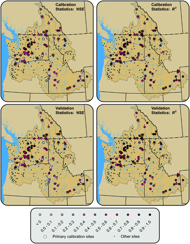 Fig. 3 Summary map of 80 streamflow locations (out of a total of 297) for which error statistics between simulated and naturalized flows were computed. The top two panels show the Nash Sutcliffe Efficiency (NSE) (left) and R 2 (right) for the calibration period, while the two lower panels show NSE (left) and R 2 (right) for the validation period. Small black dots indicate streamflow sites where naturalized flows were not available.