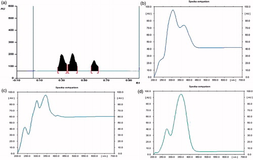 Figure 2. HPTLC studies (a) chromatogram of PPABTF; (b) UV spectra of Rf 0.31; (c) Rf 0.40 and (d) Rf 0.59.