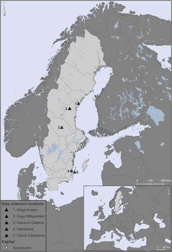 Figure 1. Locations where data was collected in Sweden. Map created by María Antonia Martínez Caldentey (2023) using ArcGIS.