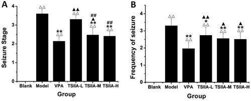 Figure 2. Effects of tanshinone IIA on the degree of seizure in LiCl–pilocarpine induced mice. (A) Stages of epileptic seizures; results of seizure severity and frequency. (B) Frequency of spontaneous recurrent seizures (SRS). SRS were recorded three times a day for one week. According to Racine stages, only the seizures of stage 3 or higher were recorded. The results are presented as mean ± SEM. ΔΔp < 0.01 vs. control; *p < 0.05, **p < 0.01 vs. model; ▲p < 0.05, ▲▲p < 0.01 vs. VPA; ##p < 0.01 vs. TS IIA-L (n = 9 per group).