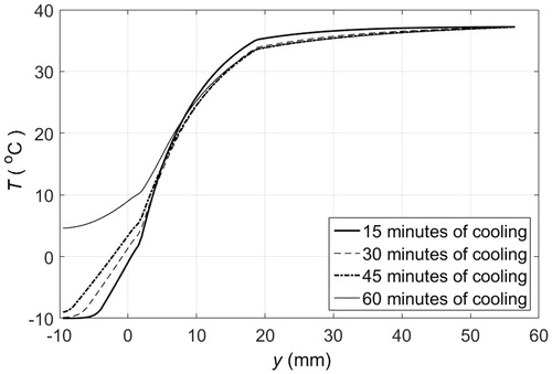 Figure 6. Temperature distribution across PCM pad and tissue layers when the skin surface is in contact with a 1 cm thick solid pad of PCM 10 initially at −10 °C: — after 15 min of cooling, – – after 30 min of cooling, – · – after 45 min of cooling, ··· after 60 min of cooling.
