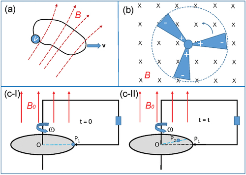 Figure 3. Several cases regarding to the flux rule for electromagnetic induction. (a): A typical example of thin wire circuit that is moving with acceleration with respect to the Lab frame in a time- and space- dependent magnetic field. (b): A conductive fan that is rotating inside a uniform magnetic field. (c) A rectangular thin wire circuit that is at stationary in a uniform magnetic field, but with one end sliding on the edge of a rotating conductive disc at t = 0 and t = t, and the other end is connected to the axis of the disc. The unit charge within the macroscopic size object can move, which leads to an additional term in the Faraday’s law for electromagnetic induction.