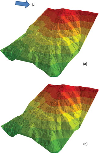 Figure 11. 3D model of TIN based on (a) 1/2 samples and (b) 1/32 samples.