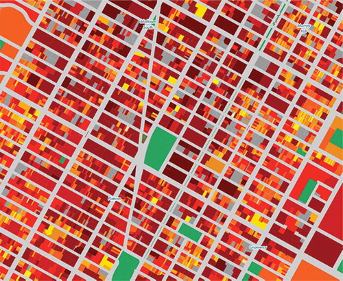 Figure 27. (Left) New York energy density map (built environment energy density per unit of land in kW h/m2 at fiscal lot level) around Madison Square. Building energy density per unit of land is a good proxy of the intensity of development of Manhattan lots. Even in a highly developed district such as Madison Square, the map reveals a high variety of development at lot scale.