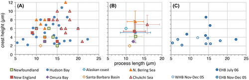 Figure 3. Scatter diagram showing antapical process length against antapical crest height for measured elongate Spiniferites cysts. A, Data for all individual measurements from surface sediments. B, Average values for each regional surface sediment assemblage, with the standard deviation indicated. C, Individual measurements for the specimens recovered from sediment traps in eastern (EHB) and western (WHB) Hudson Bay.