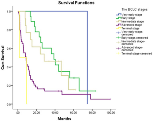 Figure 2 Kaplan-Meier curve demonstrates the survival rates of HCC patients according to the BCLC staging system.