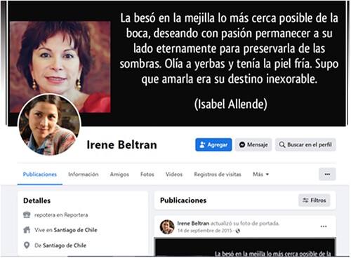 Figure 8. Group Facebook Account for the Protagonist Irene Beltran. Source: screenshot retrieved in 2022 through link provided in informal conversation during fieldwork. First photo: novel's author Isabel Allende second photo: character from a Chilean TV series called ‘Los 80s’ (the 80's).