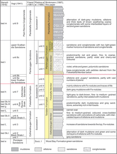 Fig. 5  Schematic stratigraphy and lithology (not to scale) of the Mimerdalen Subgroup, modified from Pčelina et al. (Citation1986) and Piepjohn, Brinkmann et al. (Citation1997).