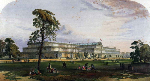 Figure 1. The Crystal Palace from the northeast during the Great Exhibition, set in something of an idealized rural landscape.Source: By Dickinson Brothers – Dickinsons’ comprehensive pictures of the Great Exhibition of 1851, public domain. Available at: https://commons.wikimedia.org/w/index.php?curid=543319