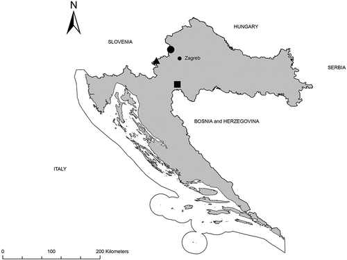 Figure 2. Distribution of Pterostichus rhaeticus in Croatia. Legend: Dubravica bog (circle); Jarak fen (triangle); Đon močvar bog (square).