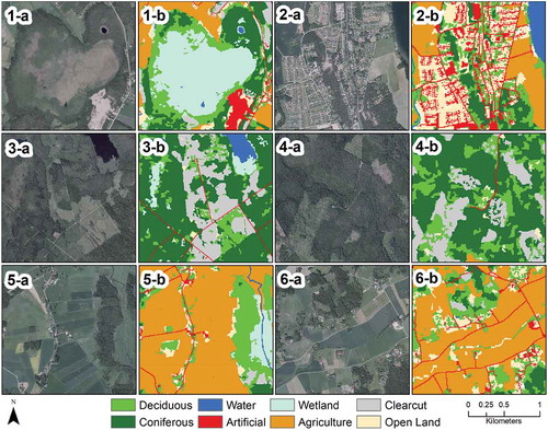 Figure 4. Comparison between the 25 cm orthophotos from 2015 (a-labeled panels) and the 2018 Swedish National Land Cover Database (NMD) map (b-labeled panels) for different parts of the study area.