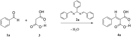 Scheme 1. Knoevenagel condensation of benzaldehyde 1a with malonic acid 3 with hydrobenzamide 2a as a catalyst towards cinnamic dicarboxylic acid 4a.