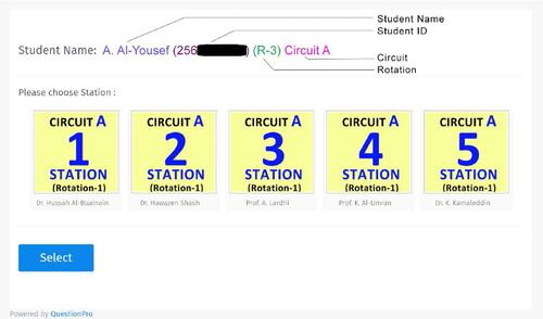 Figure 4 User Interface Introduction page which shows the student’s details, circuit and rotation number, and the names of the Examiners.