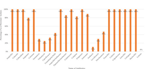 Figure 1 Antimicrobial resistance patterns of 25 commonly used antibiotics against 36 carbapenemase-producing Klebsiella pneumoniae isolates from paediatric clinical cases.