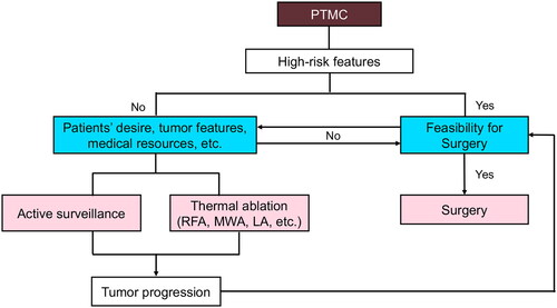 Figure 4. Flow chart for the multidisciplinary management of PTMCs. Surgery is preferred to high-risk PTMCs if feasible; otherwise, they can be managed by as or TA based on patients’ desire, tumor features and medical resources, etc. Surgery is still preferred to PTMC patients with tumor progression or recurrence detected during as after TA. PTMC, papillary thyroid microcarcinoma; as, active surveillance; TA, thermal ablation; MWA, microwave ablation; LA, laser ablation; RFA, radiofrequency ablation.