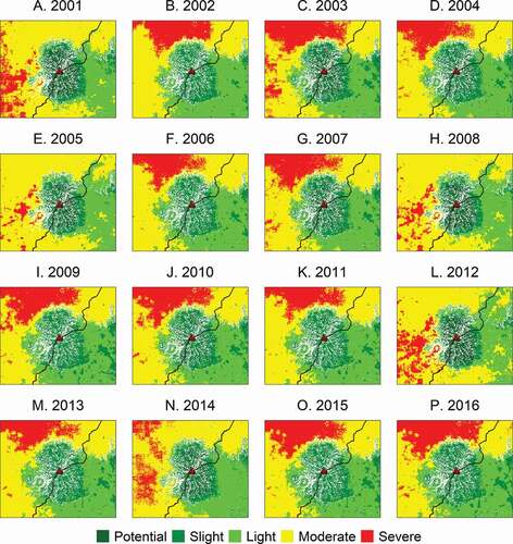 Figure 4. EEVI for each year from 2001 to 2016. Notice that eco-environmental vulnerability varies over time, but persistent patterns exist in space. EEVI increases with decrease in elevation