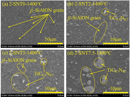 Figure 10. Typical back scattering electron micrographs on the polished surfaces of the representative samples: (a) 2-SNT0, (b) 2-SNT2, (c) 2-SNT5, (d) 2-SNT7.5 after further pressurized SPS at 1400°C for 5 min, which consist of the dark gray, bright white and white phase regions