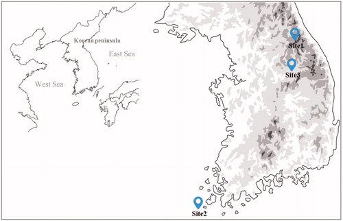 Figure 1. Location of each wetland in the Korean Peninsula. Site 1: Mt. Gariwang’s primeval forest wetlands (37°25′58"N, 128°33′48"E, 620 m); Site 2, Is. Jangdo wetlands (34°40'41.1"N, 25°22'15.4"E, height above sea level 169 m); and Site 3, Hanbando geology wetland (37°13'5"N, 128°20'56"E, 280 m).