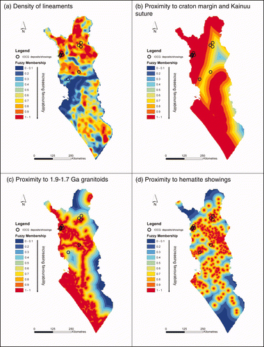 Figure 4 (a) Density of lineaments. (b) Proximity to craton margin and Kainuu suture. (c) Proximity to igneous activity (1.9 – 1.7 Ga). (d) Proximity to hematite showings.