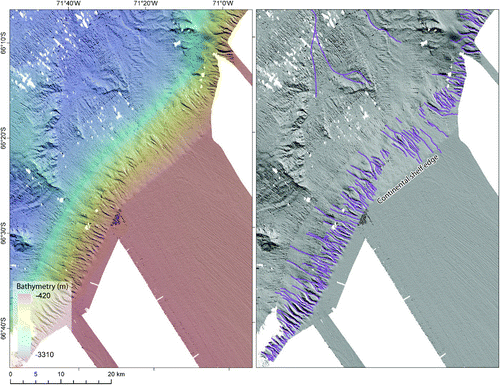 Figure 8. Example of gullies and channels on the continental slope and rise, respectively. The left-hand panel is the relief-shaded image and the right-hand panel shows the mapped landforms (colours are the same as in the main map). The relief-shaded image is x20 exaggeration and is shaded from the NE.