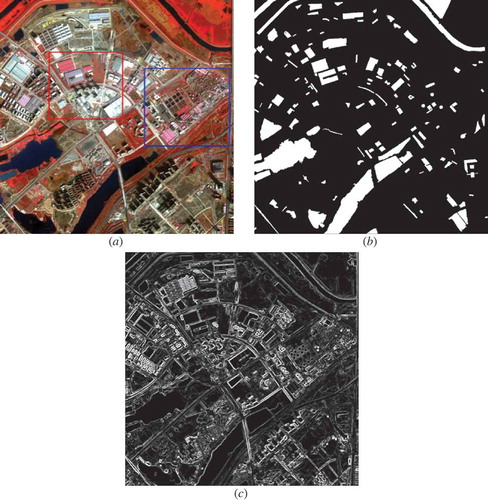 Figure 14. The large image (T5) used for the experiment in sub-section 3.5. (a) The false-color image (R: Near-infrared, G: Red, B: Green). (b) The reference geo-objects manually extracted by an expert. (c) The edge strength map.