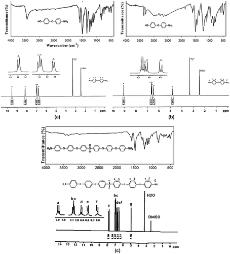 Figure 1. FT-IR and 1H NMR spectra of (a) NPP, (b) APP, and (c) diamine.