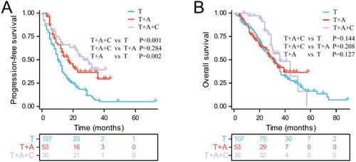 Figure 1. Kaplan-Meier curves for progression-free survival (A) and overall survival (B) in patients with advanced EGFR-mutated non-small cell lung cancer in different treatment groups.