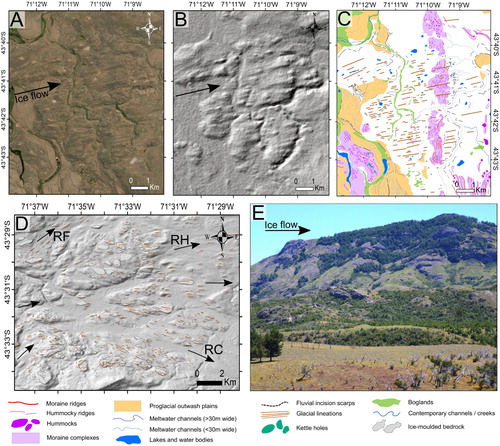 Figure 8. (A) Satellite imagery (ESRITM, DigitalGlobe), (B) DEM hillshade (light azimuth: 315°, incline: 45°) and (C) glacial geomorphological mapping comparisons of the heavily streamlined sediments draped between the eastern Río Corcovado terminal moraine complexes and the Río Huemul valley. These features indicate convergence of the Río Corcovado and Río Huemul outlet glaciers at this location during extensive glaciations. (D) DEM hillshade with glacial lineations and ice-moulded bedrock landforms mapped (with other mapped features removed for visualisation purposes). This bedrock-dominated area presents substantial evidence of subglacial erosion and thus warm-based, fast-flowing ice, and was characterised by the divergence of the PIS into three outlet glaciers: the Río Corcovado glacier to the southeast, the Río Huemul to the east, and the Río Frío (RF) glacier to the northeast. (E) View towards the northwest of ice-moulded bedrock outcrops in the Río Huemul valley (camera location: 43°29′14.16″S, 71°18′23.51″W). See Figure 2 for location.