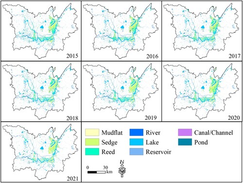 Figure 9. The annual refined wetland maps of DLW during 2015–2020.