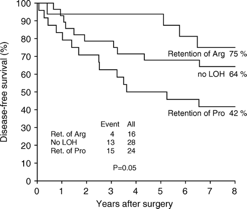 Figure 3.  Kaplan-Meier curve of disease-free survival in TP53 codon 72 heterozygous breast cancer patients as a function of LOH.