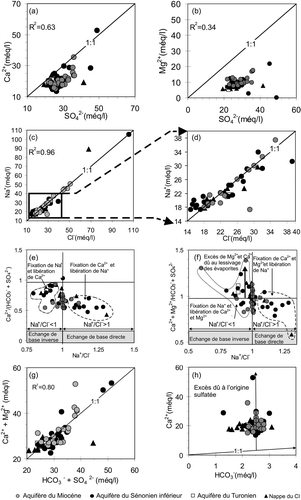 Fig. 11 Distribution des échantillons prélevés par rapport à la droite de mise en solution (a) du gypse, (b) sulfate de magnésium, (c) et (d) de l’halite. Relation de: (e) Ca2+/(HCO3- + SO42-) vs Na+/Cl-, (f) Ca2+ + Mg2+/(HCO3- + SO42-) vs Na+/Cl-, (g) SO42- + HCO3- vs Ca2+ + Mg2+ et (h) Ca2+ vs HCO3- dans les eaux de la nappe de la Jeffara de Gabès.