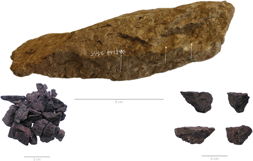 Figure 4. Porphyritic andesite roughout (93E144:9465, C1103) from Cutting 11 with white arrows indicating flake removal scares. Note the rough texture and step fracturing, which is characteristic for this lithology. Lower left shows chips produced during percussion (either flaking or pecking) and lower right shows characteristic D-shaped flakes produced from this lithology.