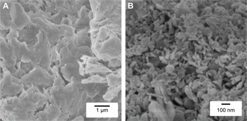 Figure 6 FESEM images of Zn/Al-NO3 at 50,000× magnification (A) and dual-guest nanocomposite ZEB (3:1) at 50,000× magnification (B).Abbreviations: B4, benzophenone 4; EUS, Eusolex® 232; FESEM, field electron scanning electron microscopy; ZEB (3:1), dual-guest nanocomposite synthesized with B4:EUS molar ratio 3:1.