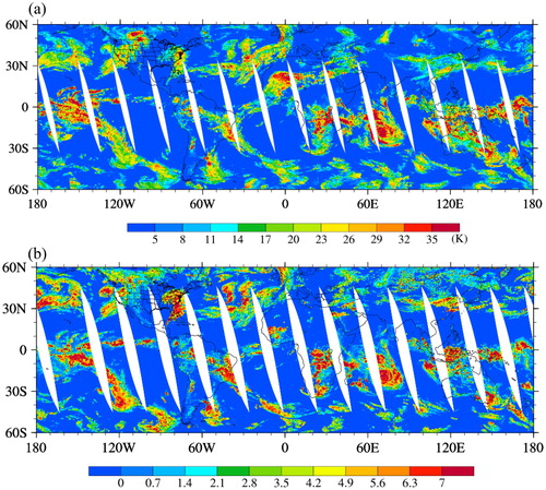 Fig. 10. Spatial distributions of (a) CESI-19 and (b) AIRS version 6 ice cloud optical thickness from ascending nodes between 60°S and 60°N on 22 January 2016.