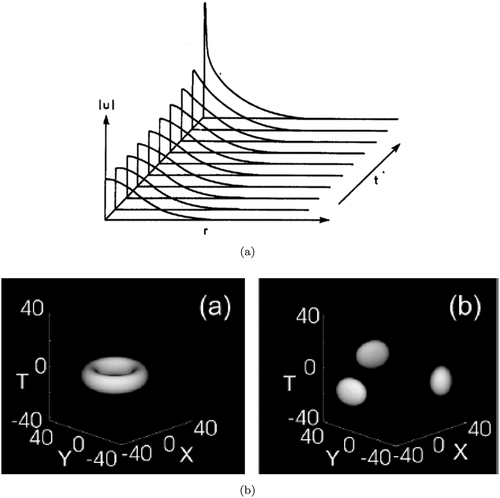 Figure 1. (a) Onset of the critical collapse featured by the unstable evolution of a TS (Townes soliton), as produced by simulations of the 2D version of EquationEquation (1)(1) iψt+12∇2ψ+|ψ|σ−1ψ=0.(1) with σ=3, shown in the radial cross-section. (b) An example of the splitting instability of a 3D soliton with embedded vorticity S = 2 (a vortex torus). The left and right panels display surfaces |u(x,y,τ,z)|=const, which are produced, respectively, as a stationary solution of the 3D counterpart of EquationEquation (26)(26) iuz+12(uxx+uττ)+|u|2u−|u|4u=0.(26) (the input for simulations of the full equation), and as a result of the simulated evolution. The figures are borrowed from book [Citation7].