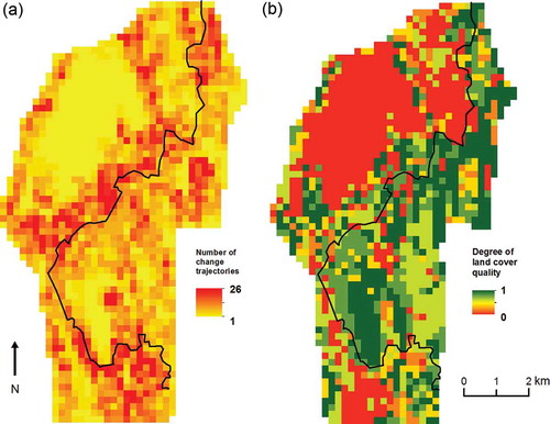 Figure 5. Two aggregated variables describing land cover changes at the spatial resolution of 200 m × 200 m cells (4 ha). The number of change trajectories (a) was calculated for each aggregated cell (hypothetical maximum 81). The degree of land cover quality (b) ranges from closed stable land cover areas (value 1) to open stable sites (value 0). Both figures represent also the boundary of the Jozani–Chwaka Bay National Park, covering the eastern part of the study area.