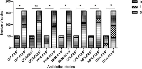 Figure 7 Comparison of drug resistance to seven antibiotics between Staphylococcus aureus strains with incomplete hemolytic phenotype(SIHP) strains and S. aureus strains with complete hemolytic phenotype (SCHP) strains. Notes: **P<0.005; *P<0.05.Abbreviations: CIP, ciprofloxacin; CRO, ceftriaxone; FOX, cefoxitin; GEN, gentamicin; I, intermediate; LVX, levofloxacin; MFX, moxifloxacin; OXA, oxacillin; R, resistant; S, susceptible.
